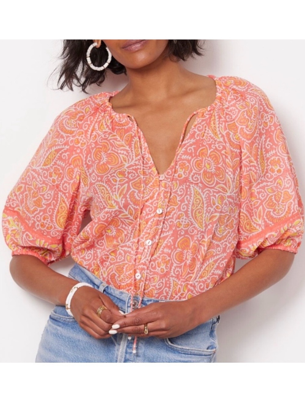 Cleobella Layla Top Blouse Organic Cotton in Blossom Block Print Floral Size M